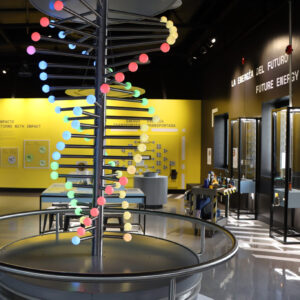 Una colorida escultura de doble hélice en medio de una exposición del Discovery Children&#039;s Museum.
