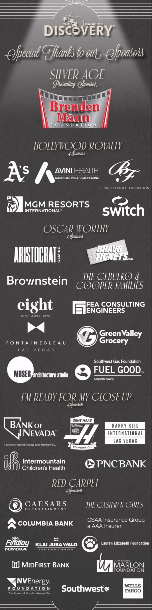MOD 2025 THANK YOU SPONSORS updated 8.26.25 A vertical banner displaying sponsor logos and names for an event, organized by tiers such as Silver Age, Hollywood Royalty, and Oscar Worthy.